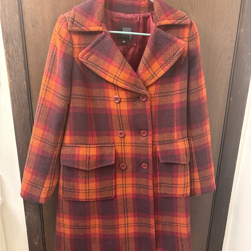 The Limited Orange and Red Plaid Long Pea Coat